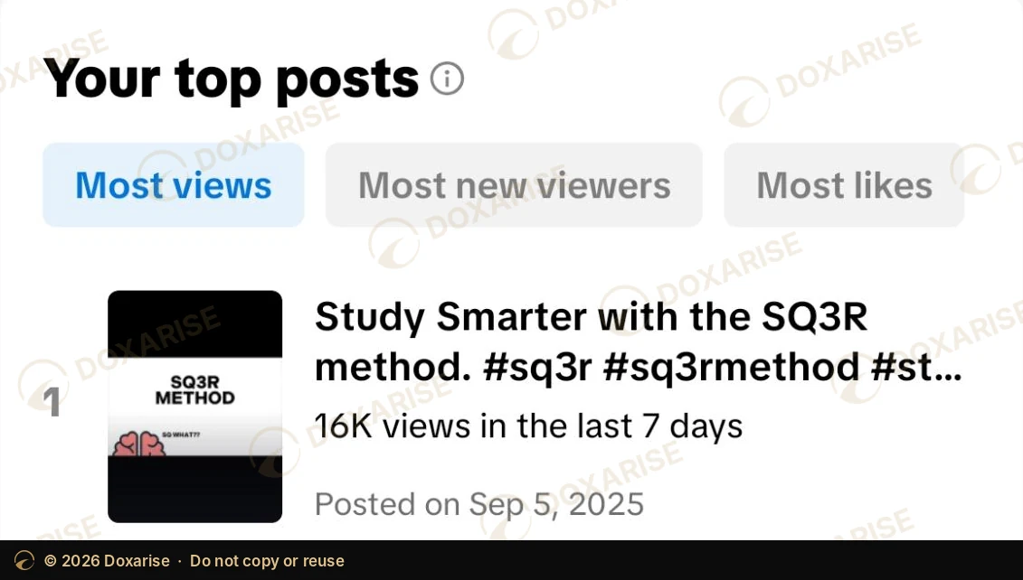 Top post in the last 7 days: the evergreen video, 16K views, posted September 5, 2025