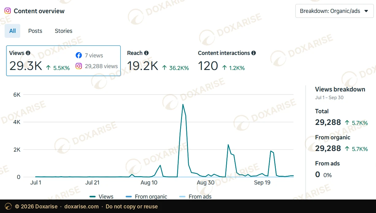 Instagram content overview, July to September 2026: 29,288 views